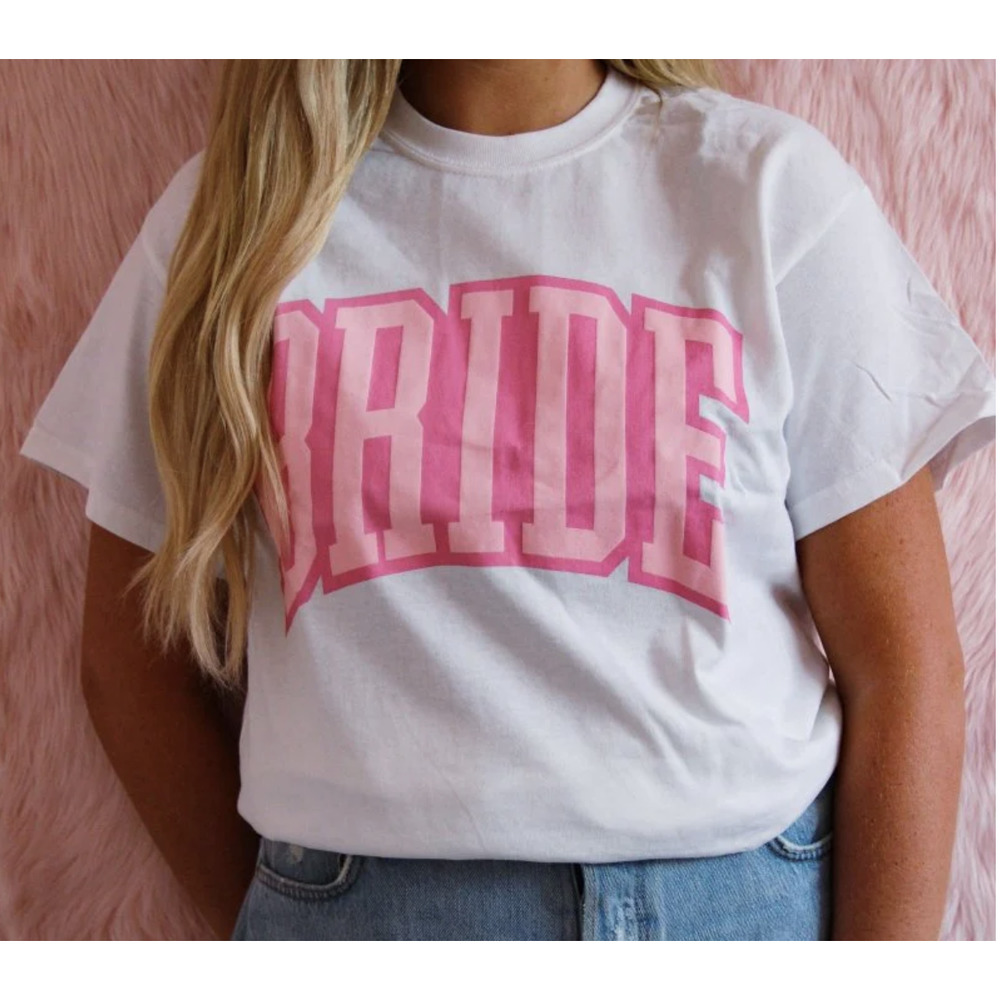 Girl Tribe Boutique 'Bride' Block Letter Crewneck Graphic Tee White Pink 3XL
